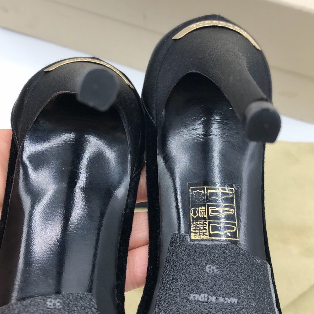 Burberry Black Suede Stiletto Sandals with Gold Accents - Picture 7 of 9